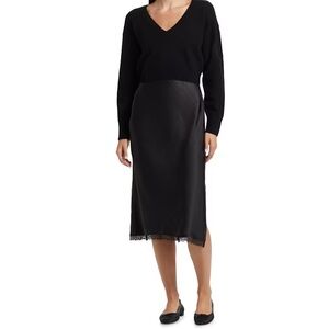 NWT Black Satin Midi Dress with Lace Hem